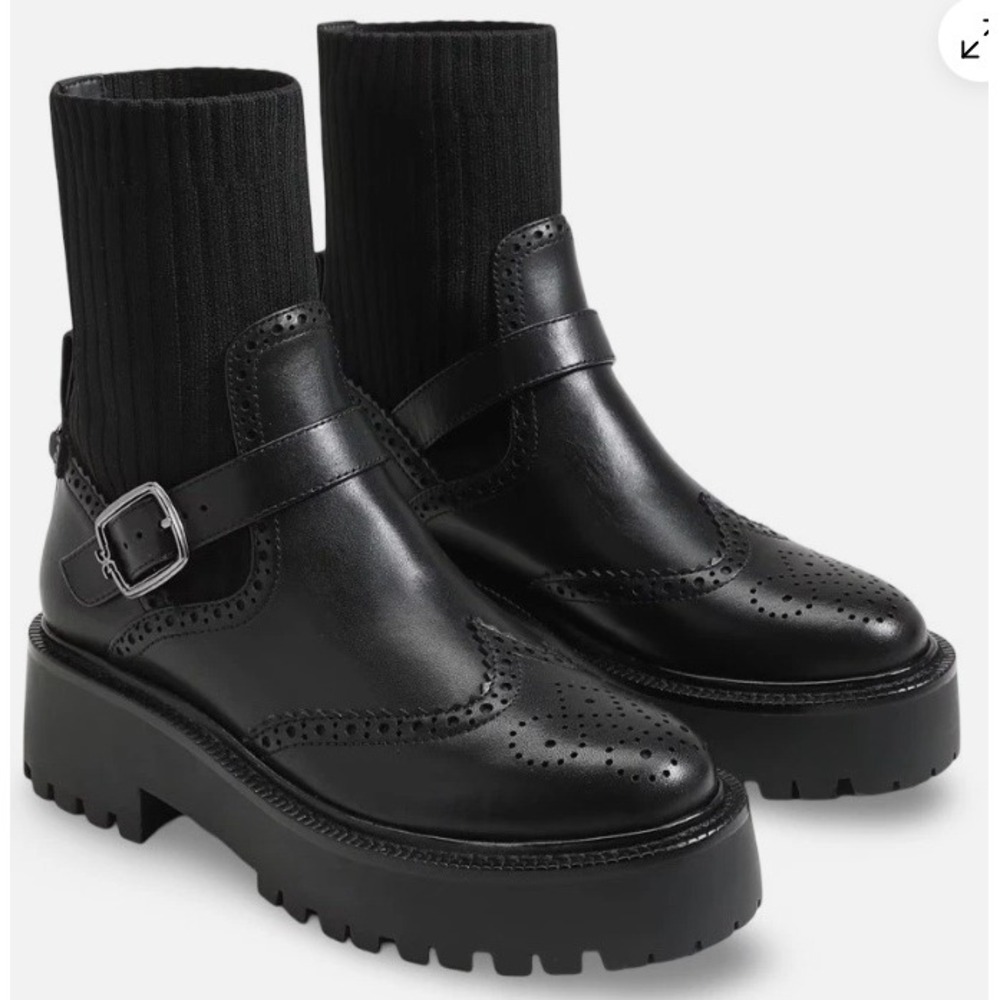 Sam Edelman Elly Black Leather Sock Boot Wingtip Lug Sole Womens‎ Size 10M NEW